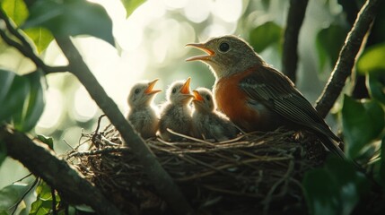 Naklejka premium A mother bird feeds her three chicks in a nest on a tree branch. The sun shines through the leaves, creating a warm glow.