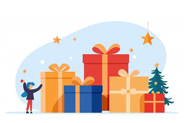 Colorful holiday gifts stacked beside a decorated tree in a cheerful setting