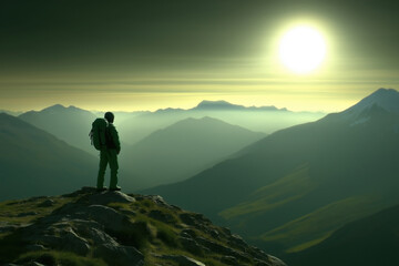 Obraz premium Hiker gazes at a breathtaking sunset over rugged mountains in a tranquil landscape