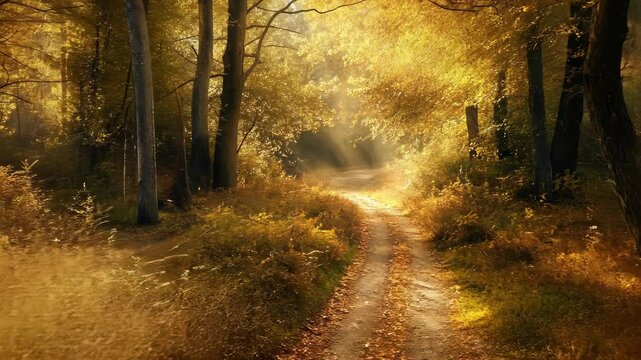 Sunlight streams through the trees in a golden autumn forest, illuminating a path leading deeper into the woods