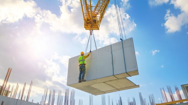 A crane operator lifting prefabricated concrete panels for a commercial building, Panel lifting scene, Prefab construction style