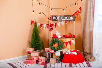 Christmas decorated room. Christmas tree. Vintage New Year decorations. Gift boxes under fir-tree. Christmas mood. Celebrating of New Year