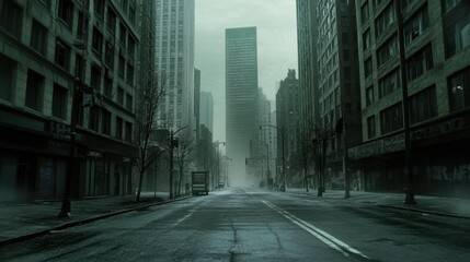 Obraz premium Empty city street beneath looming skyscrapers, veiled in fog, creating an eerie yet calm atmosphere