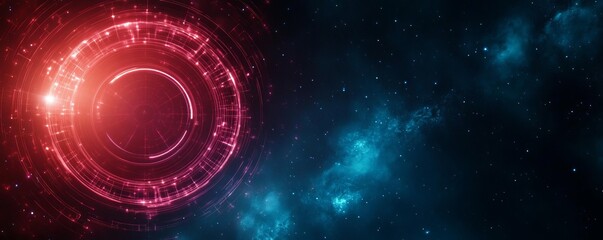 Obraz premium Quantum time wheel, glowing symbols, cosmic background, digital effect