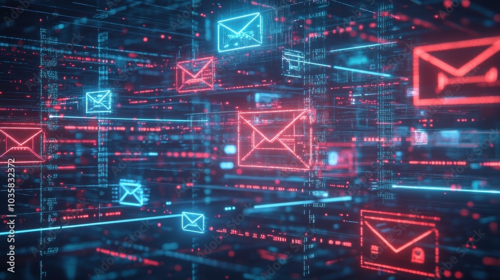 Poster floating digital mailboxes in a cyber world, surrounded by glowing data streams and network patterns