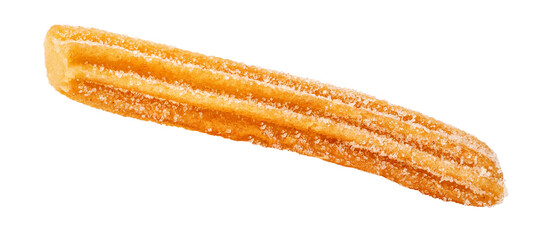 Flying Churro isolated on white background. Fried churro with sugar  - Traditional Spanish dessert. Top view. Flat lay.