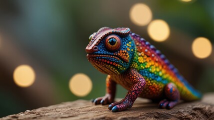 Obraz premium A colorful chameleon figurine with a rainbow pattern sits on a wooden surface against a blurred background.