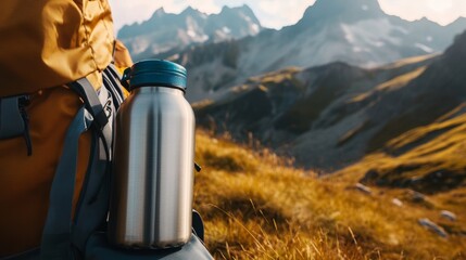 Close-up of a reusable water bottle in a backpack with a mountain trail in the background