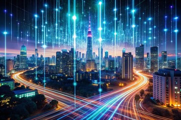 Obraz premium Stunning Night Photography of Digital Data Concept with Neon Lights and Cityscape for Tech Innovation and Future Trends