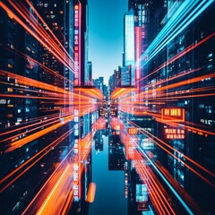 Obraz premium Temporal anomaly, warped cityscape, distortion effect, neon lights