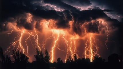 Dramatic lightning strikes illuminate dark storm clouds over forest in intense hurricane concept