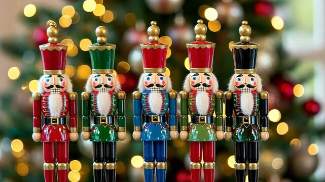 Five colorful nutcrackers stand in a row, in front of a Christmas tree with twinkling lights