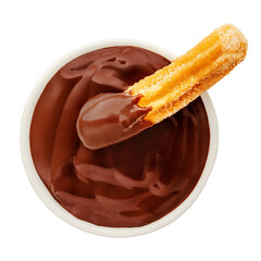 Churro isolated. Fried Churro with melting chocolate dip sauce in a  cup on white background. Churro pastry top view. Flat lay
