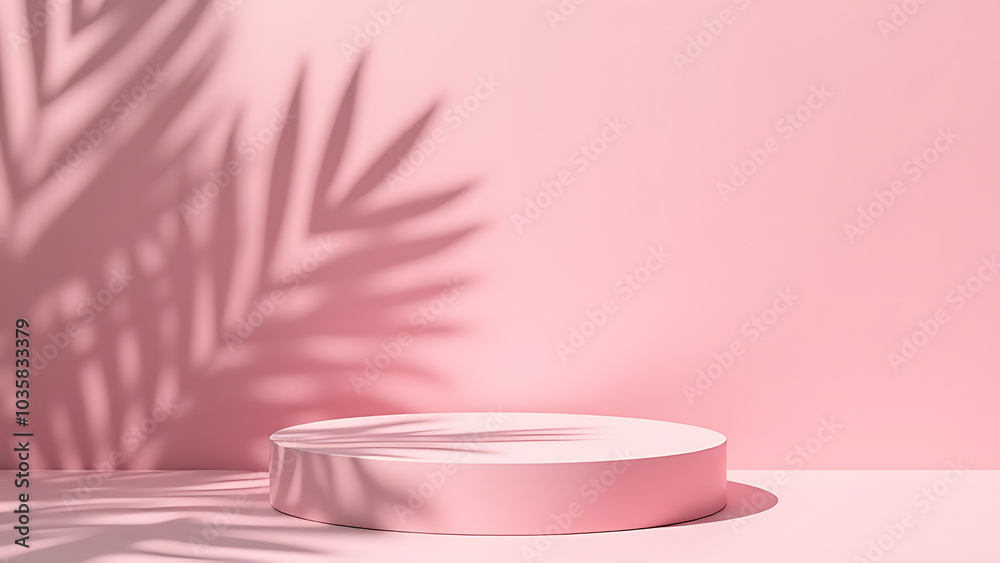 Poster a pink podium uses a palm leaf shadow to visually display products effectively.