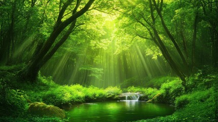 Obraz premium Sunbeams stream through a lush forest canopy, illuminating a small pond and cascading waterfall.