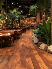 Fototapeta premium Tropical-themed restaurant interior with wooden flooring and lush greenery