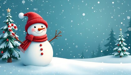 Obraz premium Cheerful Snowman in Snowy Winter Landscape with Christmas Trees