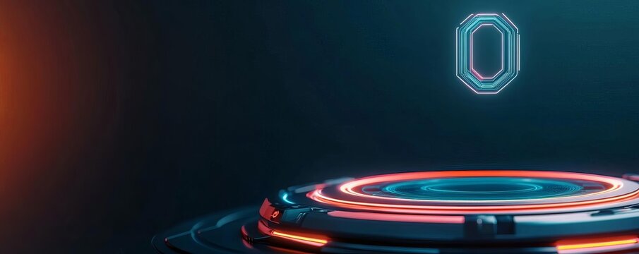 Temporal navigation tool, floating holograms, neon details, dark room