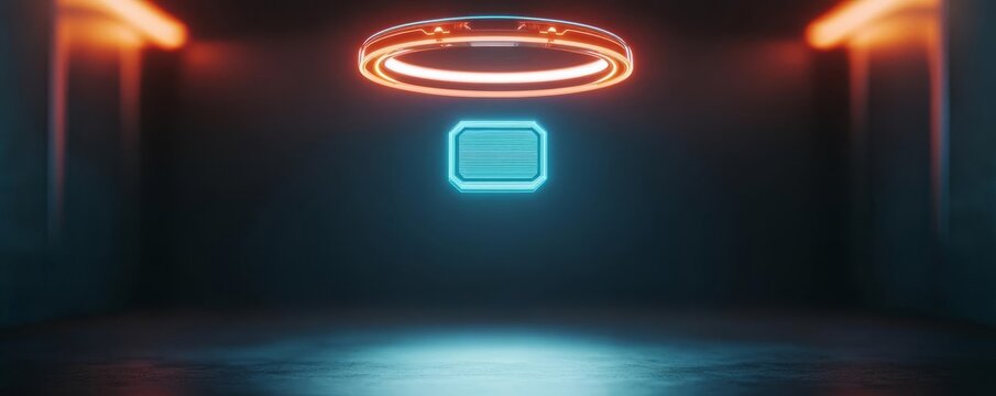 Temporal navigation tool, floating holograms, neon details, dark room