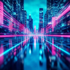 Fototapeta premium Temporal rift, distorted cityscape, neon blue, sci-fi city setting