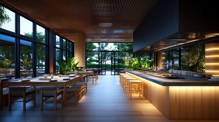Fototapeta premium Highend Japanese restaurant with tatami seating, natural wood textures, and soft, ambient lighting for a serene dining experience