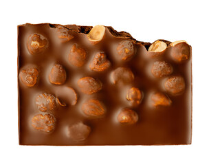 Broken Chocolate bar with hazelnuts isolated on white background. Milk chocolate with nuts Top view. Flat lay