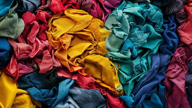 A pile of colorful fabric scraps sit in a large bin