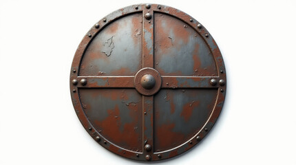 Naklejka premium Rusted medieval round metal shield with crest design illustration