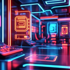 Obraz premium Temporal scanner, floating symbols, futuristic office, bright neon