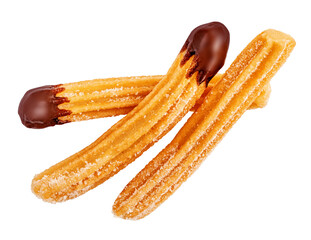 Flying Churros isolated on white background. Fried churros with melting chocolate sauce flat lay