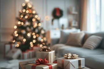 Blurred modern interior of a living room decorated for Christmas. christmas tree, presents, soft focus