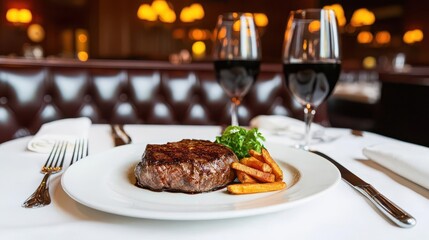 Highend steakhouse with dark leather booths, rich mahogany furniture, and soft, warm lighting, creating a classic, luxurious atmosphere