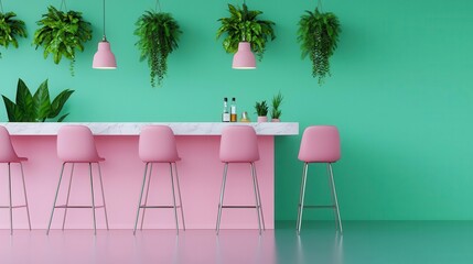 Chic brunch spot with pastel colors, marble countertops, and hanging plants, creating a trendy, Instagramworthy atmosphere
