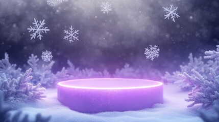 A round purple platform with a glowing purple ring sits in a snowy setting. Snowflakes fall gently around the platform, which is surrounded by white, snow-covered branches.