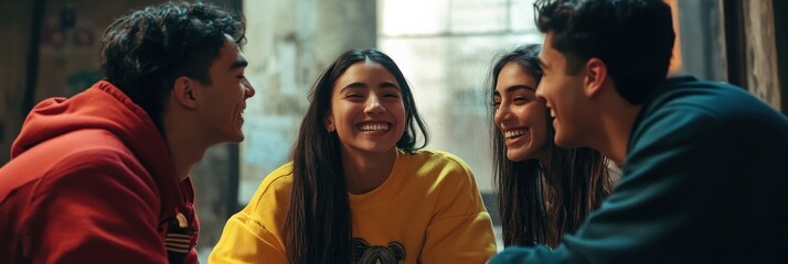 happy young hispanic friends sharing laughter indoors. social interactions, friendship, relationship, socializing