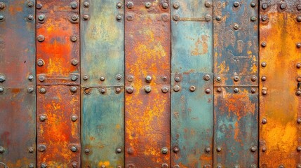 Industrial steel plates covered in rust, joined by heavy rivets forming a gritty, weathered metal wall
