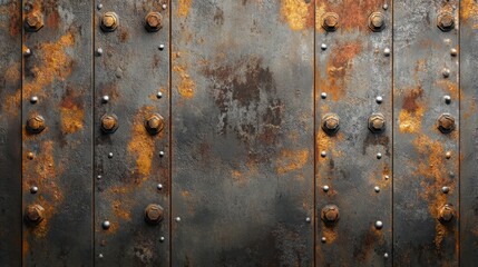 Fototapeta premium Industrial steel plates covered in rust, joined by heavy rivets forming a gritty, weathered metal wall