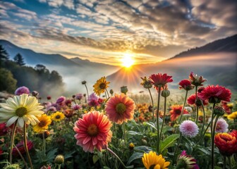 Fototapeta premium Stunning Sunrise Over Flower Field and Misty Mountains - Serene Summer Landscape Photography