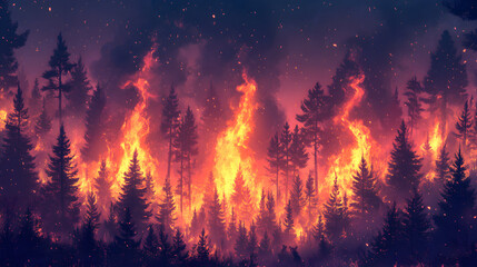 An illustration of a blazing wildfire spreading through a forest, with intense flames consuming trees, dark smoke filling the air, and wildlife fleeing the danger