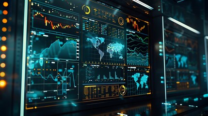 Obraz premium A futuristic data dashboard displaying various graphs, charts, and world maps for analysis.