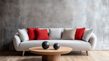 Modern Living Room Interior Design with White Sofa  Red Pillows and Grey Wall