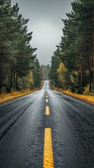 A Serene Journey Through a Misty Forest Road Surrounded by Majestic Pines