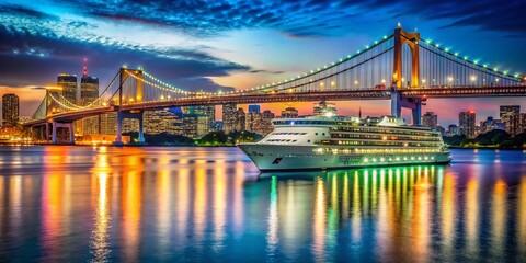 Naklejka premium Stunning Tokyo Cruise Ship Hotaluna at Night with Illuminated Skyline and Vibrant City Lights