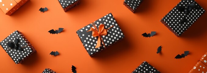 Flat lay of orange and black gift boxes with white polka dots, decorated with paper bats on a vibrant solid background. Festive Halloween theme.