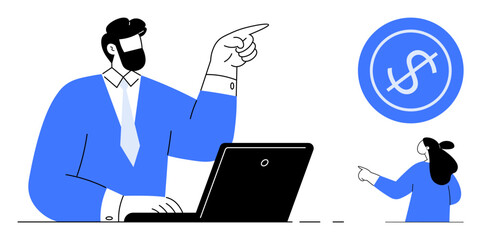 Man and woman pointing towards dollar symbol next to a laptop, representing financial growth. Ideal for business strategy, financial planning, team collaboration, revenue goals, workplace