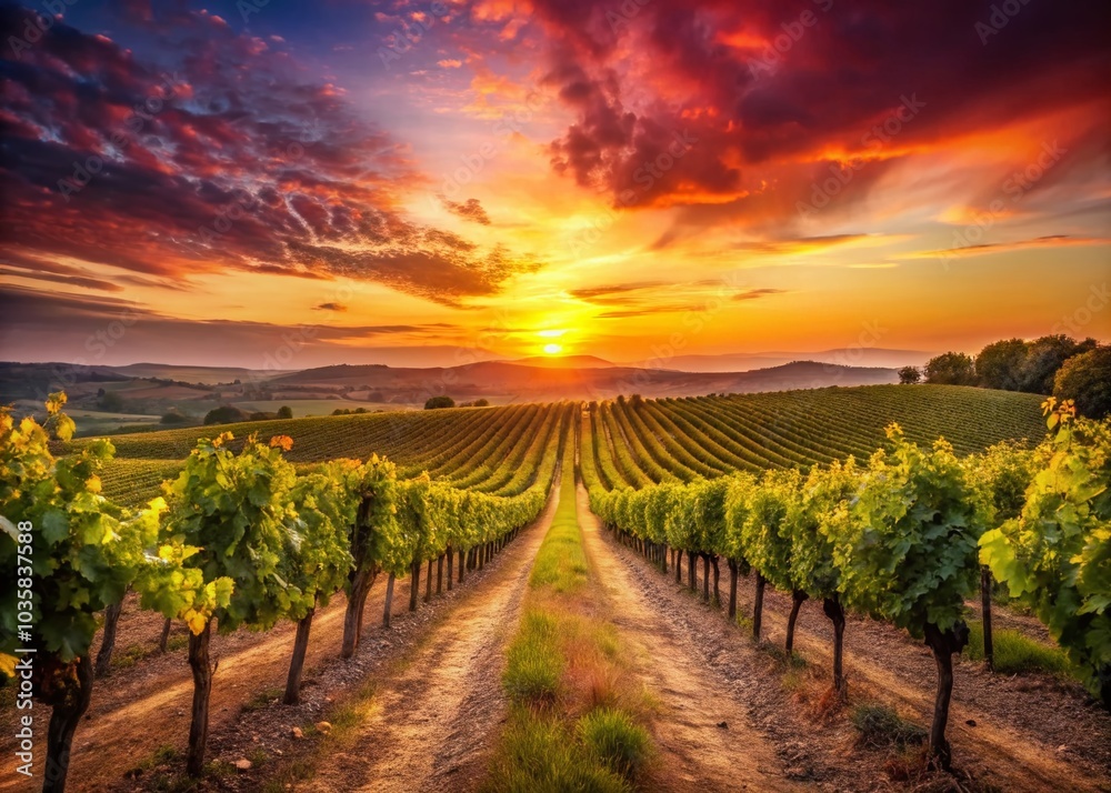 Wall mural Stunning Vineyard Silhouette Landscape at Sunset for Nature Lovers