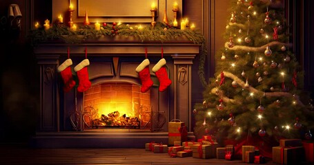 Festive Christmas living room with decorated tree on side and fireplace with hanged socks. Winter seasonal 4K loop animation for advertisement.