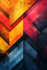A vibrant, abstract pattern featuring geometric shapes in striking colors of yellow, orange, red, and blue, creating a dynamic visual effect.