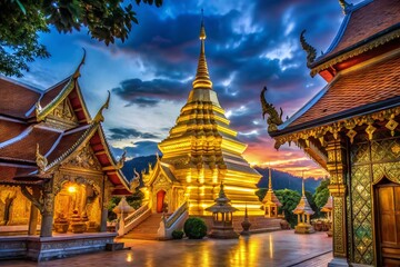 Stunning Wat Phra That Doi Suthep Temple Surrounded by Majestic Blue Mountains in Thailand's Clear Sky