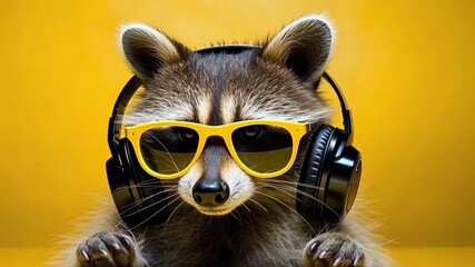 Raccoon dj listening to music on yellow background